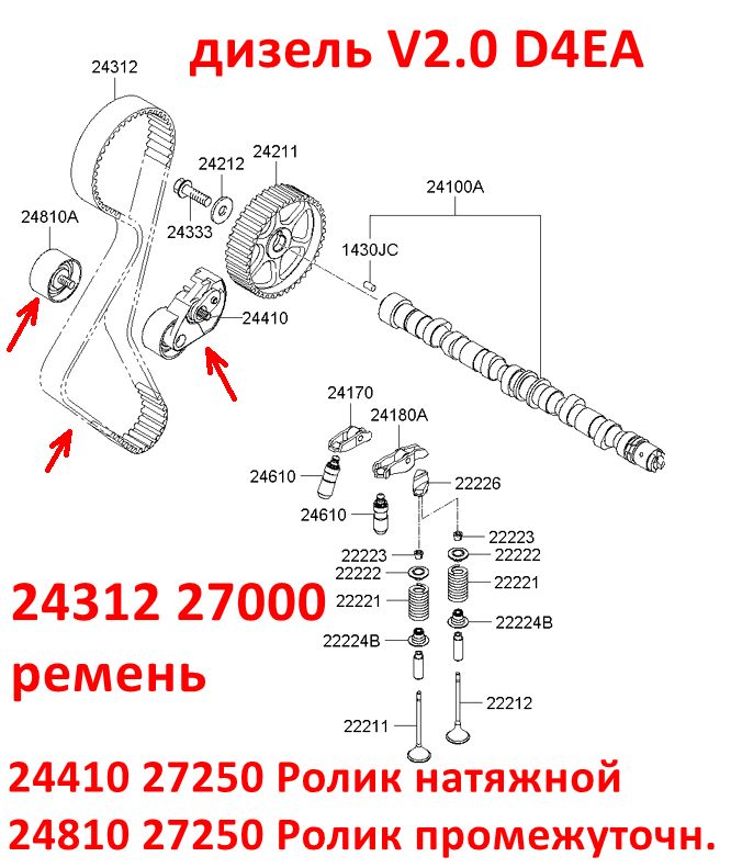 2441027000, 2441027250, GT-10510, GTB-0070 Ролик ремня ГРМ натяжной дизель D4EA, D4EB Sportage 2=Carens 1=Tucson 1=Santa Fe 1, 2=Elantra 3 XD=Trajet 1 - 7