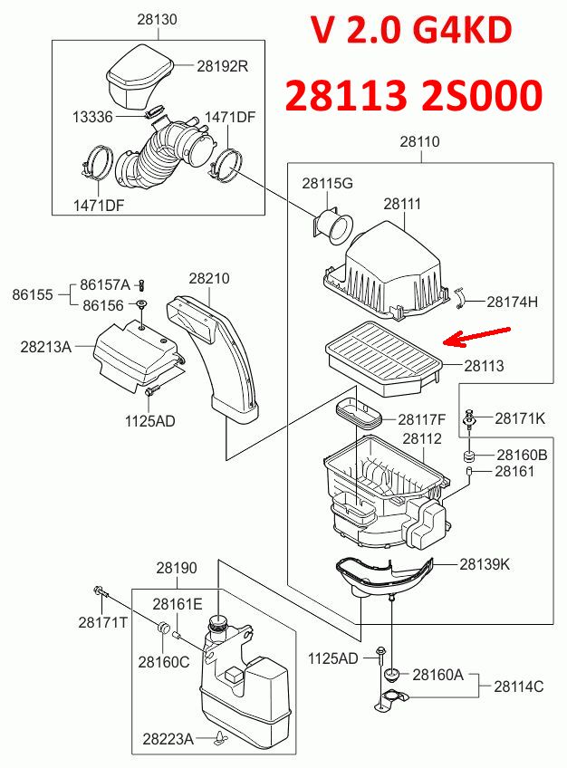 281132S000, 281133Z100, 28113A0100 Фильтр воздушный двигателя KIA Sportage 3 (10-16) SL, Hyundai iX-35 1 (09-15) LM, i-40 1 (11-17) VF, Creta 2 (20- ) SU2 - 7