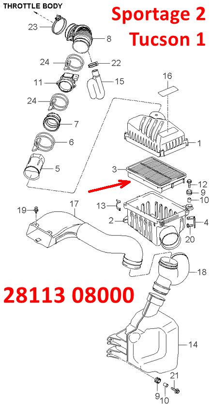 2811308000, 281132F250 Фильтр воздушный двигателя KIA Sportage 2 (04-10) KM=Cerato 1 (06-08) LD=Hyundai Tucson 1 (04-09) JM - 7