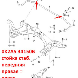 Стойка стабилизатора передняя (правая = левая) KIA Shuma 1 / Sephia 1 неоригинал (Корея) 0K2A534150B