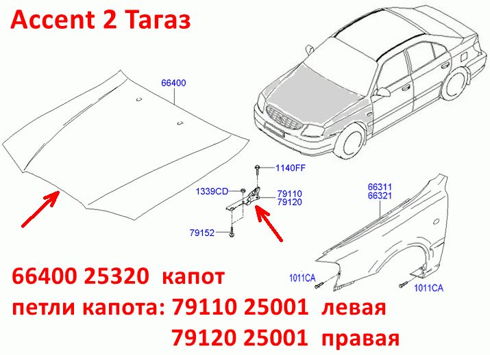 7912025001, 7912025000 Петля капота правая Hyundai Accent 2 (01-12) LC Тагаз - 7