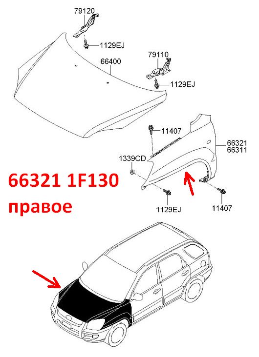 663211F130, 663211F010 неоригинал Крыло переднее правое KIA Sportage 2 (04-10) KM под расширитель, с вырезом под повторитель - Типовое фото 7