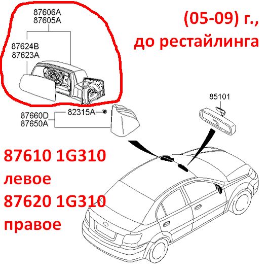 876201G310, 876201G300 Зеркало заднего вида правое KIA Rio 2 (05-09) JB эл. привод+подогрев, без повторителя - Типовое фото 7