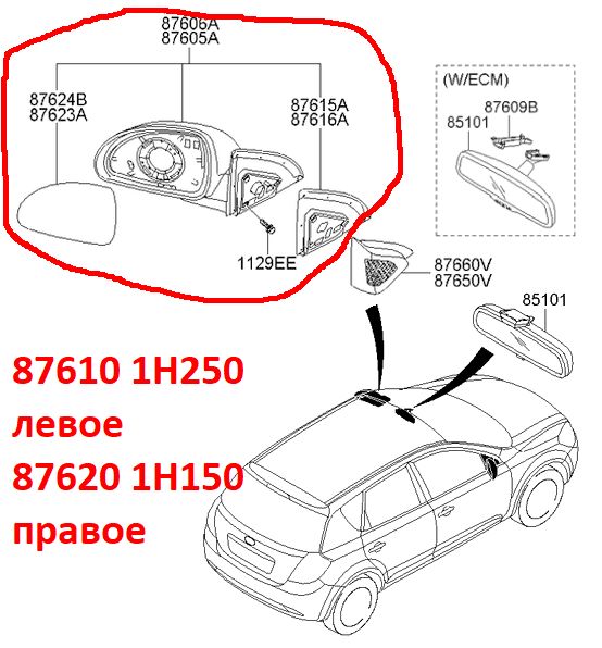 876201H150 Зеркало заднего вида правое KIA Ceed 1 (06-09) ED эл. привод+подогрев, без повторителя - Типовое фото 7