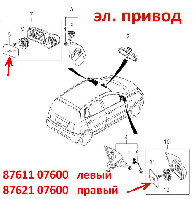 8761107600, 8761107650 Зеркальный элемент левый стекло зеркала KIA Picanto 1 (03-07) SA эл. привод  - Типовое фото 7