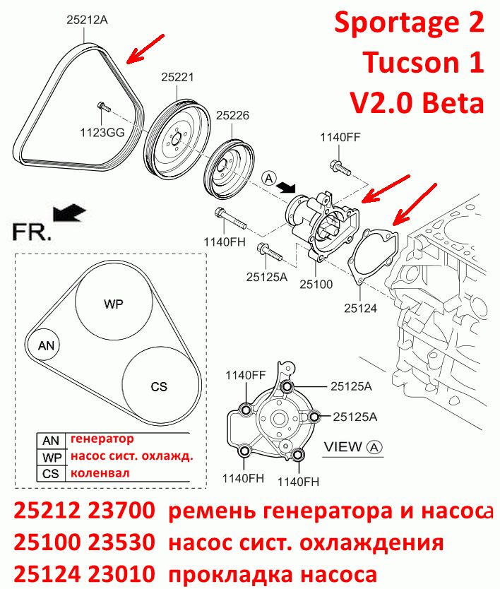 2510023530, 2510023001, 2510023002, 2510023003, 2510023010, 2510023011, 2510023020, 2510023021, 2510023022, 2510023511, 2510023513 Насос системы охлаждения Sportage 2 - 7