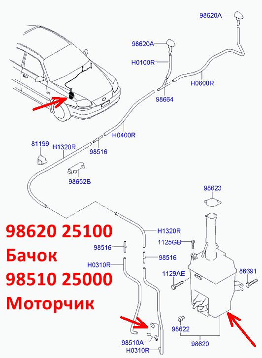9851025000, 985101F000, 9851022000, 98510G8000 Насос моторчик стеклоомывателя KIA Rio 4=Hyundai Solaris 2=Accent Тагаз-7